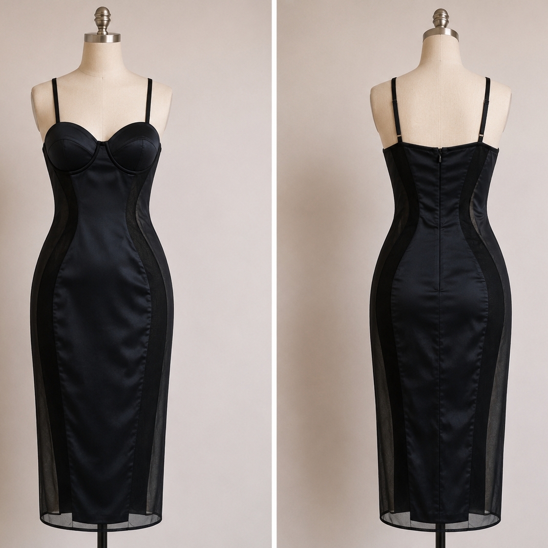 House Of Cb Navy Satin Midi Dress With Sheer Side Panels
